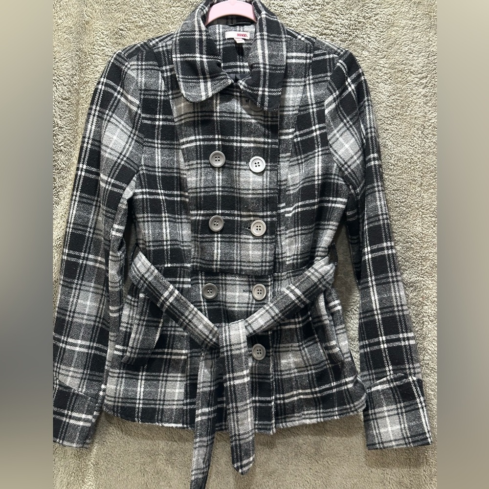 BONGO Black and Gray Plaid Pea Coat - Picture 1 of 3